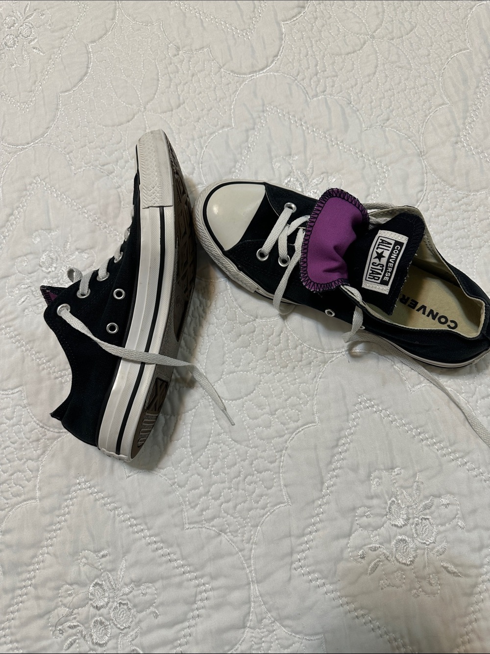 Converse Ladies' Black Canvas Low-Top Sneakers with Purple Tongue - Picture 2 of 6
